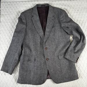 English Manor Wool Herringbone Sport Coat Blazer 42R Gray Leather Buttons